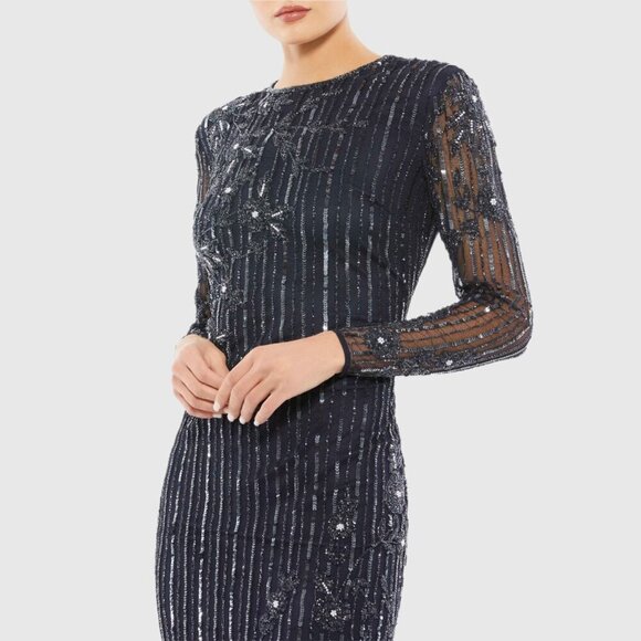 NWT Mac Duggal Embellished High Neck Illusion Long Sleeve Gown Midnight 16 #8305 - Picture 2 of 8